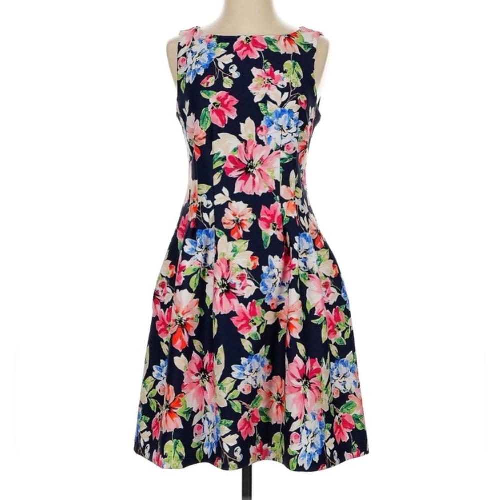 Navy Floral Sleeveless Fit and Flare Dress, Vince Camuto, Size 14